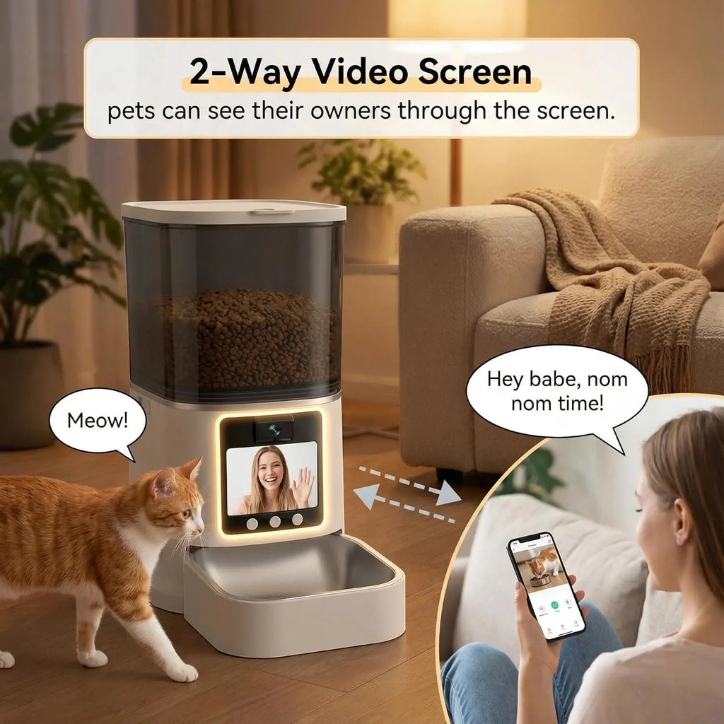 Automatic Cat Feeder with Camera, 2-Way Video& Audio, HD Video with Night Vision, 5G WiFi Pet Feeder, 5L Large Food Storage Container for Multiple Pet, Detachable for Easy Clean