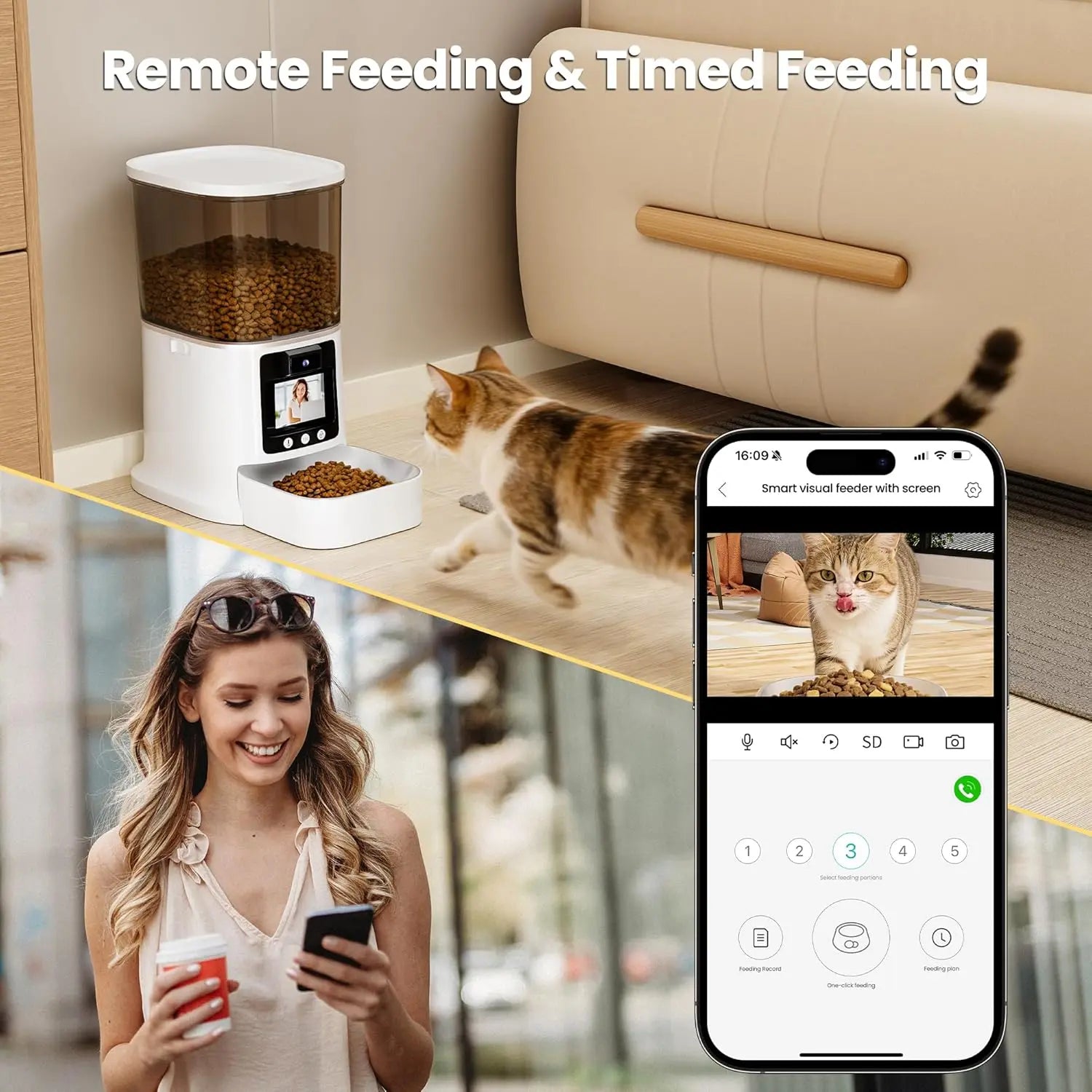 Automatic Cat Feeder with Camera, 2-Way Video& Audio, HD Video with Night Vision, 5G WiFi Pet Feeder, 5L Large Food Storage Container for Multiple Pet, Detachable for Easy Clean